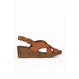 Bueno Shoes Taba Koyu Deri Kadın Dolgu Topuklu Sandalet 01we3906