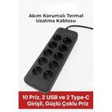 Buffer 1.BUFFERAkım Korumalı Termal Uzatma Kablosu – 10 Priz, 2 USB ve 2 Type-C Girişli, Güçlü Çoklu Priz