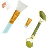 Buffer 2'li Silikon Cilt Bakımı Krem Spatulası ve Doğal Yeşim Taşı Jade Roller Çift Taraflı Yüz Masaj Aleti