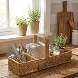 BUFFER 3 Bölmeli Hasır Sepet Organizer Saplı, Mutfak Banyo Ofis Çok Amaçlı Düzenleyici, Plastik Rattan Kaşıklık Sepeti, 40x13x17 cm