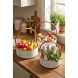 BUFFER 3 Parça İç İçe Geçebilen Plastik Rattan Sepet Seti, Beyaz Renk, Kahverengi Sap, Yuvarlak Hasır Görünümlü Çok Amaçlı Düzenleyici Sepetler, 27x35 cm
