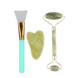 BUFFER® Çift Taraflı Jade Roller Yeşim Taşı Seti + 2li Silikon Maske Sürme Fırçası Cilt Bakım Seti