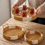 BUFFER İç İçe Geçebilen 3'lü Yuvarlak Plastik Rattan Tepsi Seti, Hasır Görünümlü, Bej, 28x31.5x35 cm, Çok Amaçlı Servis Tepsisi