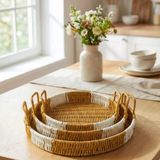 Buffer® Iç Içe Geçebilen 3’lü Yuvarlak Plastik Rattan Tepsi Seti–çift Renkli Hasır Görünümlü Çok Amaçlı Servis ve Sunum Tepsileri