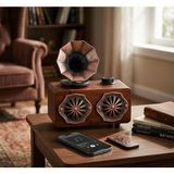 Bufs Retro Gramofon Görünümlü Bluetooth Hoparlör - Dekoratif Ahşap Desenli Gövde & Şarjlı Masaüstü Ses Bombası