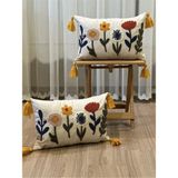 Bugi Home Collection Ikili Dikdörtgen Punch Işlemeli Çiçek Temalı Panç Nakışlı Kırlent Kılıfı