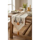 BUGİ HOME COLLECTİON Punch İşlemeli Çiçek Desenli Keten Dekoratif Vintage Bohem 140x35 Runner Masa Süsü Örtüsü