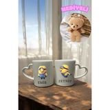 Bugia Sevgililer Günü Için Minion Baskılı Kişiye Özel Bardaklar - Ayıcık Hediyeli 2’li Set - Beyaz