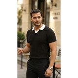 Buğrahayalin Erkek Desenli Kısa Kollu Triko Tişört - %100 Pamuk Akrilik - Siyah - 2XL