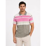 Buğrahayalin Erkek Flamlı Penye Çizgili Polo Yaka Tişört Kısa Kol Yazlık T-Shirt - Gri - 2XL
