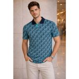 Buğrahayalin Erkek Pike Kumaş Polo Yaka Palmiye Desenli Tişört Kısa Kol Yazlık T-Shirt - Turkuaz - M - L
