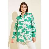 buğrahayalin Kadın Basic Oversize Çiçek Desenli Viskon Yeşil Gömlek - 38