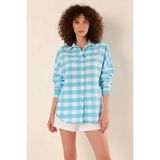 buğrahayalin Kadın Kareli Desen Basic Oversize Pamuklu Mavi Gömlek - 36