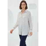 buğrahayalin Kadın Oversize Desenli Saten Bej Beyaz Gömlek - 38
