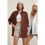 buğrahayalin Kadın Oversize Kesim Basic Pamuklu Beyaz ve Kahve Gömlek - Beyaz - Kahve - 42