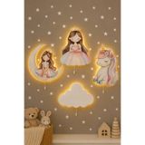 BugyBagy Ahşap 4'lü Prenses Lamba Seti - Pilli LED Gece Lambaları Bebek Çocuk Odası-Yıldız Sticker Hediyeli