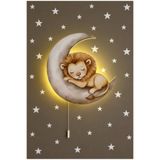 BugyBagy Ahşap Ay Üzeri Aslan Pilli Ledli Gece Lambası Bebek Çocuk Odası-Yıldız Sticker Hediyeli