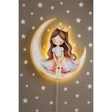 BugyBagy Ahşap Ay Üzeri Prenses Duvar Lambası Pilli LED Gece Lambası Bebek Çocuk Odası-25 Yıldız Sticker Hediyeli