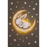 BugyBagy Ahşap Ay Üzeri Tavşan Pilli Ledli Gece Lambası Bebek Çocuk Odası-Yıldız Sticker Hediyeli