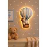 BugyBagy Ahşap Ayıcıklı Kapadokya Balon Pilli Ledli Gece Lambası Bebek Çocuk Odası-Yıldız Sticker Hediyeli