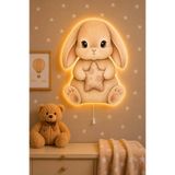 BugyBagy Ahşap Tavşan Ledli Gece Lambası Bebek Çocuk Odası-Yıldız Sticker Hediyeli