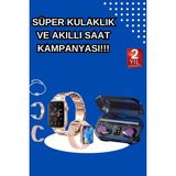 Buğz Kadınlar Için 3 Kordonlu Akıllı Saat ve Dijital Göstergeli Powerbankli Bluetooth Kulaklık Dokun