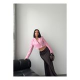 Bukamiss Kadın Kruvaze Crop Blazer Ceket Toz Pembe