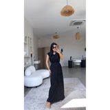 Buket Teke Siyah Kendinden Çizgi Dokulu Beli Lastikli Maxi Bürümcük Elbise