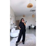 Buket Teke Siyah Premium Keten Kruvaze Bluz Pantolon Takım