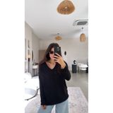 Buket Teke Siyah V Yaka Uzun Kollu İthal Kumaşlı Bluz