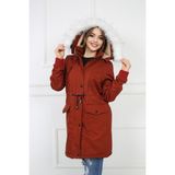 Buket Tekstil Kadın Kiremit Peluşlu Oversize Gabardin Kumaş Içi Suni Kürklü Kaban Mont