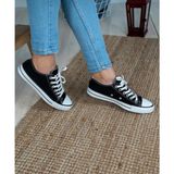 Bukond Kısa Kot Keten Bağcıklı Günlük Rahat Esnek Düz Şeffaf Taban Bez Ayakkabı Sneaker - Siyah