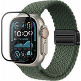 BuLand Store Apple Watch 10 46MM Ultraprotect Pmma Pet Saat Ekran Koruyucu + Yumuşak Dokuluörgü Tasarımlı Hasır Kordon - Koyu Yeşil
