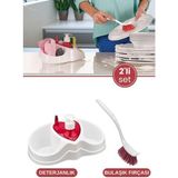 Bulaşık Temizlik Seti, Sünger Fırça Deterjan Bölmeli Bulaşık Deterjanlığı Sabunluk + Bulaşık Fırçası - 25 cm