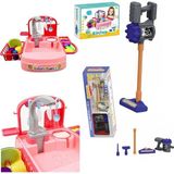 Bulaşık Yıkama Seti - Pilli Su Akıtan Modern Lavabo + Oyuncak Pilli Dikey Süpürge