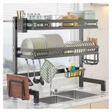 Bulaşıklık, Lavabo Üstü Bulaşık Kurutma Rafı, 2 Katlı Mutfak Tezgahı Bulaşık Süzgeci Rafı, Meyve Sepeti Gereç Tutucu Lavabo Rafı Metal Kanca (Siyah 65x28x82cm)