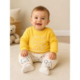 Bulut Anne ve Çocuk %100 Pamuk Alt Üst Takım Kedi Kabartmalı Lastikli Bel Üstü Üstten Çıtçıtlı - 9 - 12 Ay - Sarı
