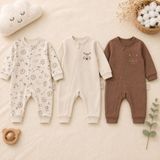 Bulut Anne ve Çocuk 3'lü Erkek Bebek Tulum Kahve Krem %100 Pamuklu Kumaş Kışlık Gizli Fermuarlı Safari Temalı 3-6/6-9/9-12 Ay - 3 - 6 Ay