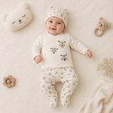 Bulut Anne ve Çocuk 4'lü Zıbın Takım Kız/erkek Bebek Esnek Yapıda Renkli Desenli Nakışlı (Şapka-Eldiven-Zıbın-Patikli Alt) - 0 - 3 Ay - Ekru