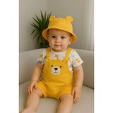 Bulut Anne ve Çocuk Bebek Kumaş 3'lü Salopet Takım- Ayıcık Yüz Detaylı Salopet- Hayvan Desenli T-Shirt ve Şapka Takımı - 3 - 6 Ay - Sarı