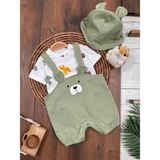Bulut Anne ve Çocuk Bebek Kumaş 3'lü Salopet Takım- Ayıcık Yüz Detaylı Salopet- Hayvan Desenli T-Shirt ve Şapka Takımı - 3 - 6 Ay - Yeşil