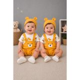 Bulut Anne ve Çocuk Bebek Kumaş 3'lü Salopet Takım- Ayıcık Yüz Detaylı Salopet- Hayvan Desenli T-Shirt ve Şapka Takımı - 9 - 12 Ay - Sarı