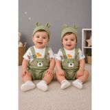 Bulut Anne ve Çocuk Bebek Kumaş 3'lü Salopet Takım- Ayıcık Yüz Detaylı Salopet- Hayvan Desenli T-Shirt ve Şapka Takımı - 9 - 12 Ay - Yeşil