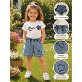 Bulut Anne ve Çocuk Kız Çocuk Kot Denim Cepli Şortlu Çiçek Kabartmalı T-Shirt Şort Takım Şık Bayramlık Rahat - 5 Yaş - Beyaz