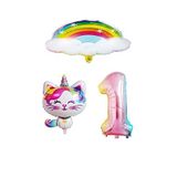 Bulutlu Gökkuşağı Unicorn Kedi Folyo ve Rakam Balon Seti Yaş 1