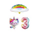 Bulutlu Gökkuşağı Unicorn Kedi Folyo ve Rakam Balon Seti Yaş 3