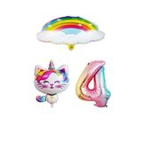 Bulutlu Gökkuşağı Unicorn Kedi Folyo ve Rakam Balon Seti Yaş 4