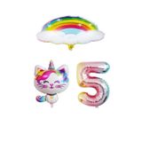 Bulutlu Gökkuşağı Unicorn Kedi Folyo ve Rakam Balon Seti Yaş 5