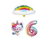 Bulutlu Gökkuşağı Unicorn Kedi Folyo ve Rakam Balon Seti Yaş 6