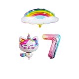 Bulutlu Gökkuşağı Unicorn Kedi Folyo ve Rakam Balon Seti Yaş 7